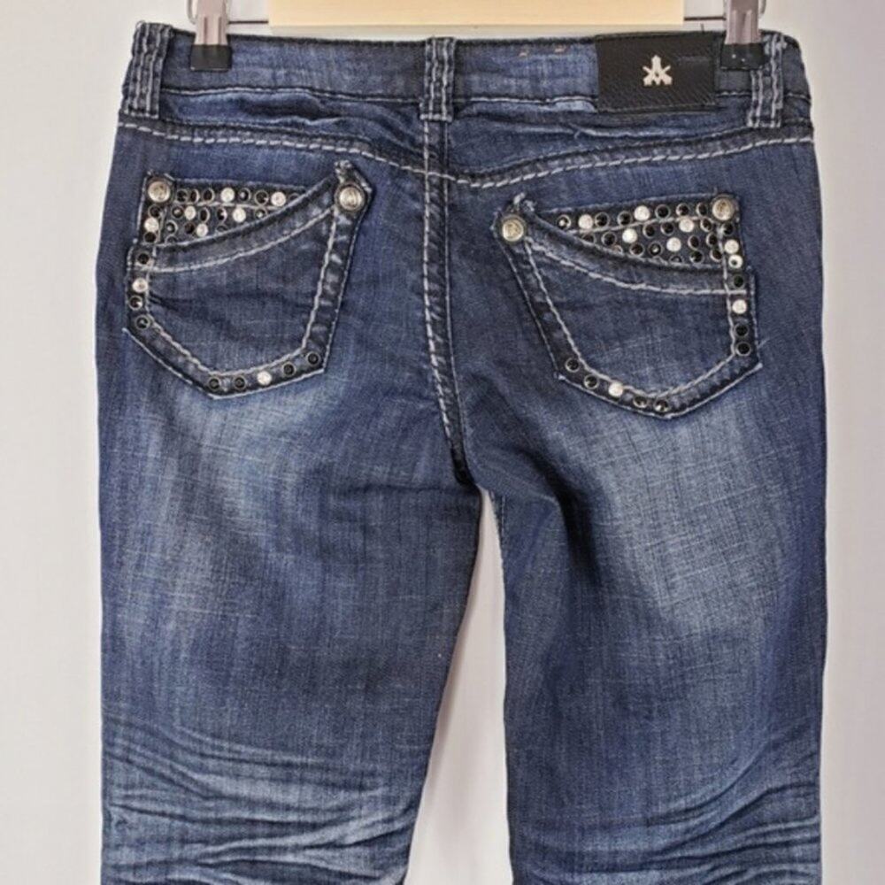 Buckle Antique Rivet Factory Distressed Rhinestone Pocket Boot Cut Low Rise Jean - Picture 4 of 6